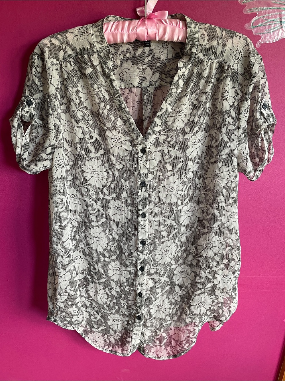 Express Floral Lace Button-Down Shirt